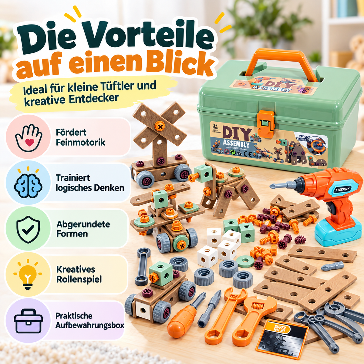 144-teiliges Kinder-Werkzeugset mit Spielzeug-Bohrmaschine & Koffer