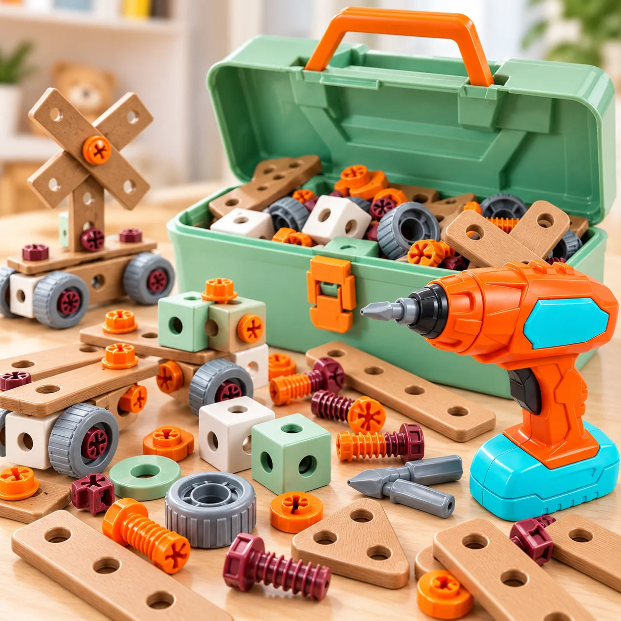 Bohrmaschine, Werkzeugkoffer und große Bauteile im Detail