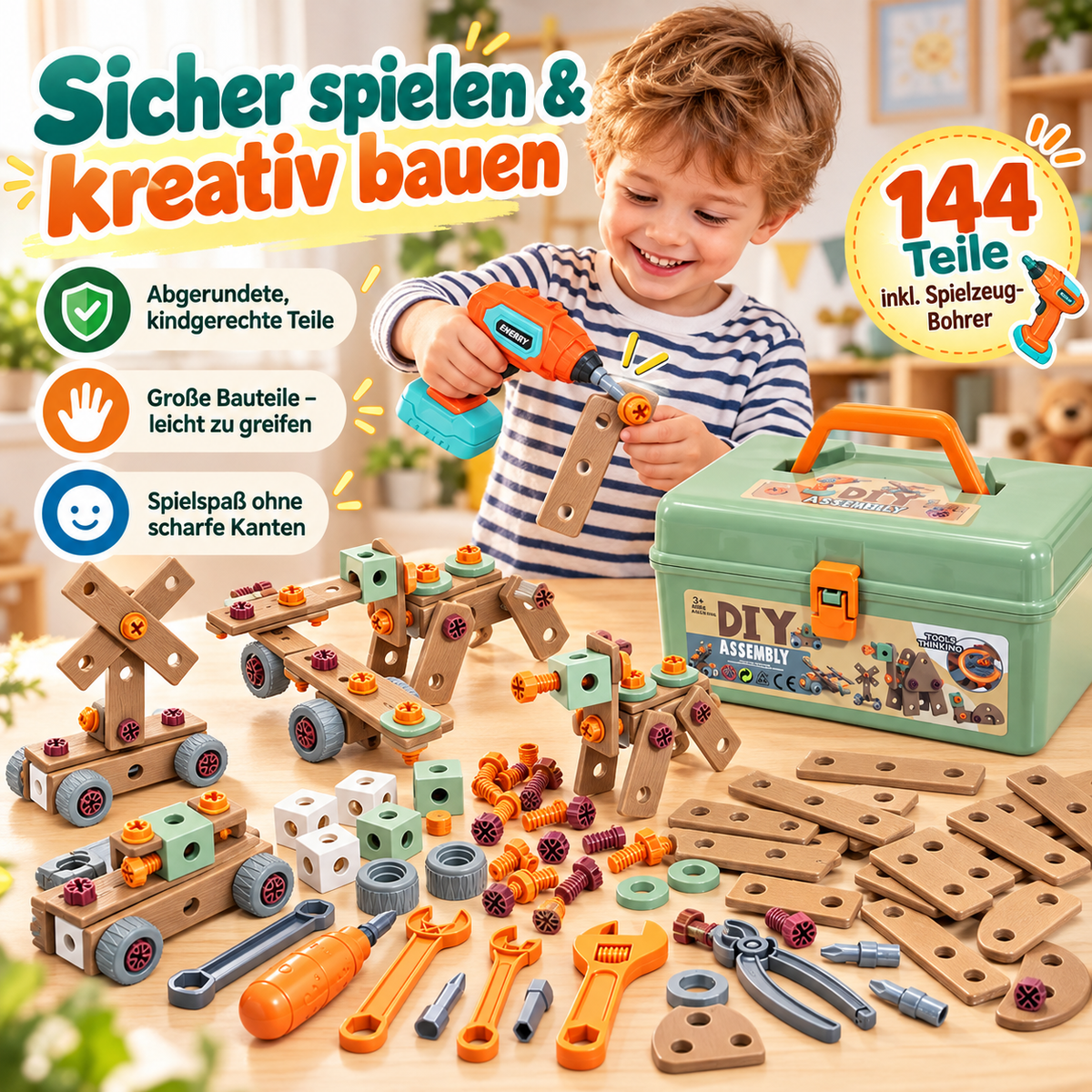 144-teiliges Kinder-Werkzeugset mit Spielzeug-Bohrmaschine & Koffer