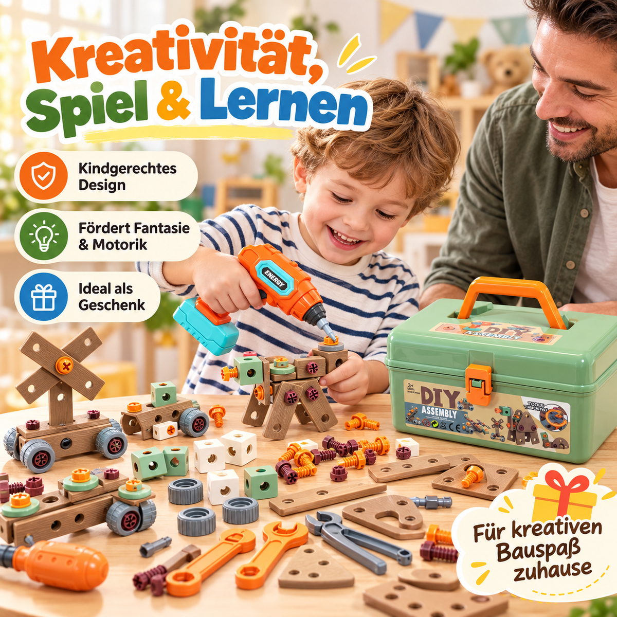 144-teiliges Kinder-Werkzeugset mit Spielzeug-Bohrmaschine & Koffer