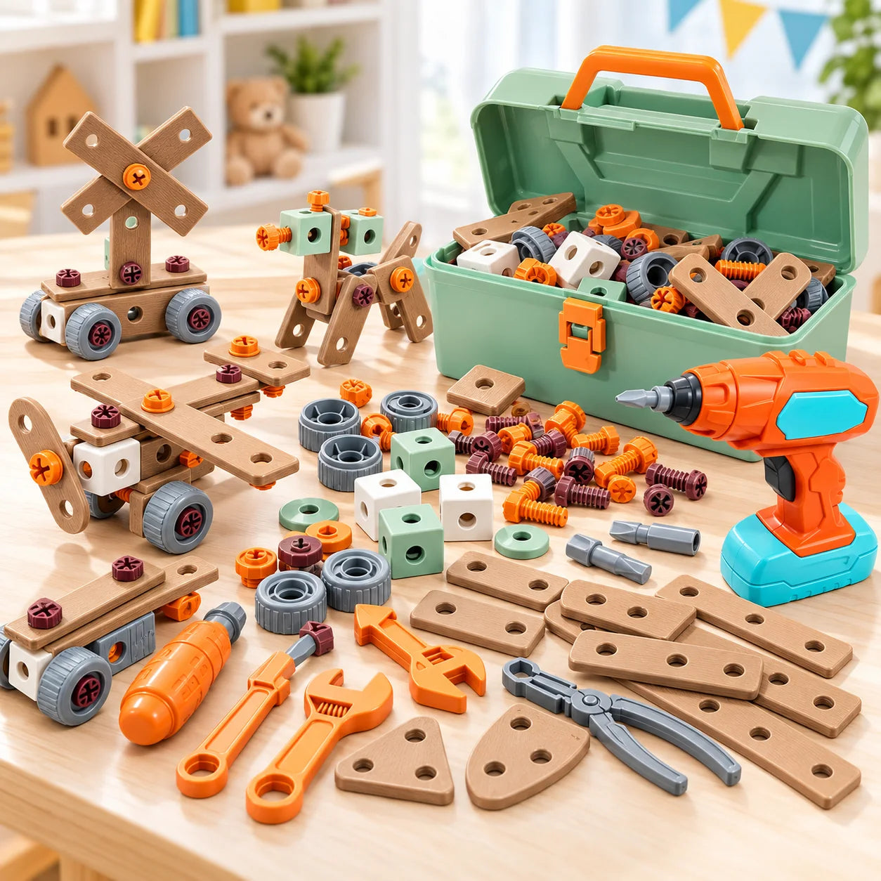 144-teiliges Kinder-Werkzeugset mit Bohrmaschine, Bauteilen und Werkzeugkoffer