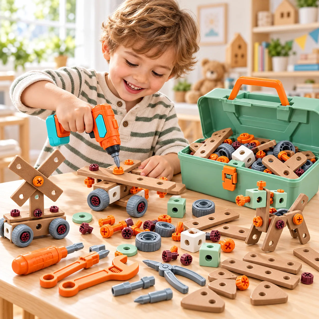 Kind baut mit der Bohrmaschine aus dem Kinder-Werkzeugset
